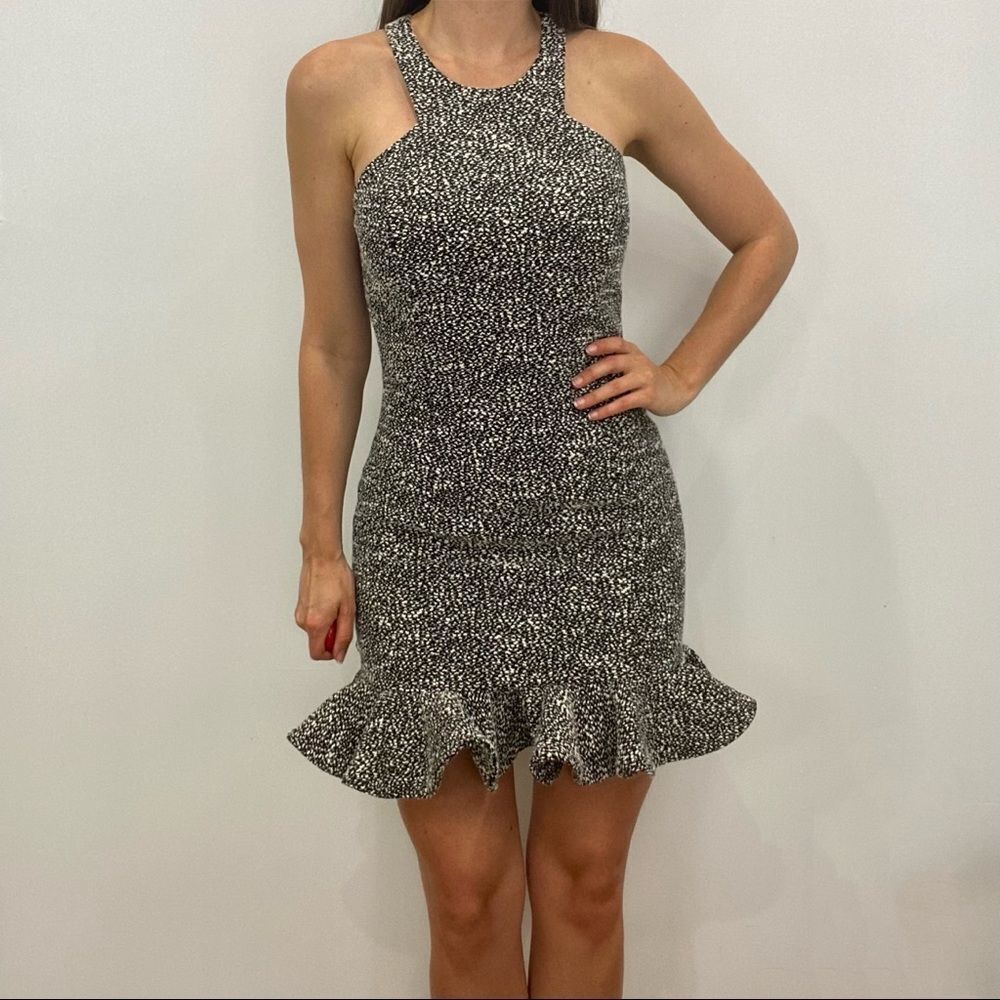 Jay Godfrey Black & White Sleeveless Tweed Mini Dress with Ruffle Hem
